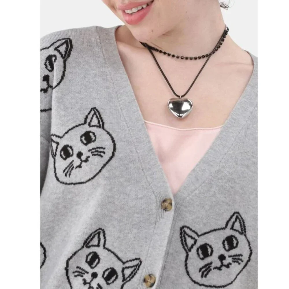 V-Neck Grey Cat Kitten Face Cropped Cardigan - XXS - Picture 11 of 12